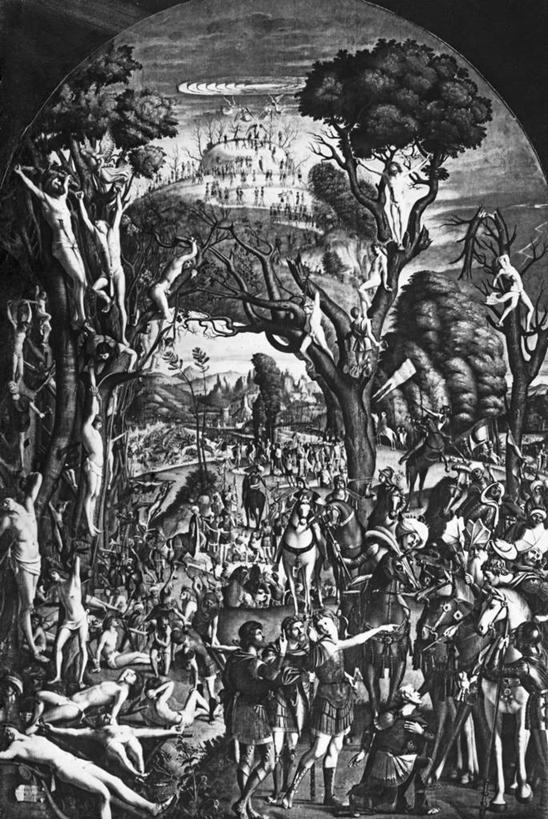 成年人,竖图,黑白,插画,室外,白天,数码,科技,山,阴影,网络,高光,几何,计算机图形,合成,图画,画,树,宗教,电脑合成图,数码合成图,基督教,合成图,群众,漫画,祭品,写实,具体,具象,美术工艺,男人,女人,殉道者