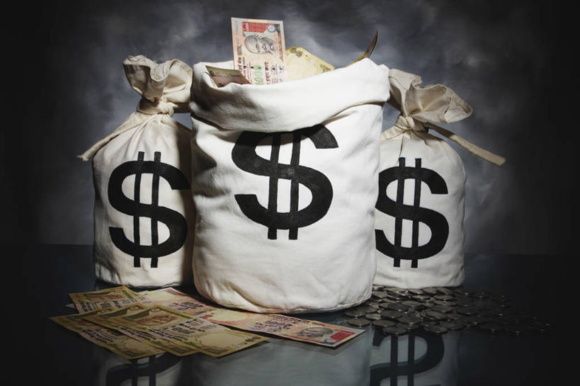 无人,横图,灰色背景,丰富,包,灰色,夸张,金融,纸币,摄影,偷盗,美元符号,硬币,彩图,影棚拍摄