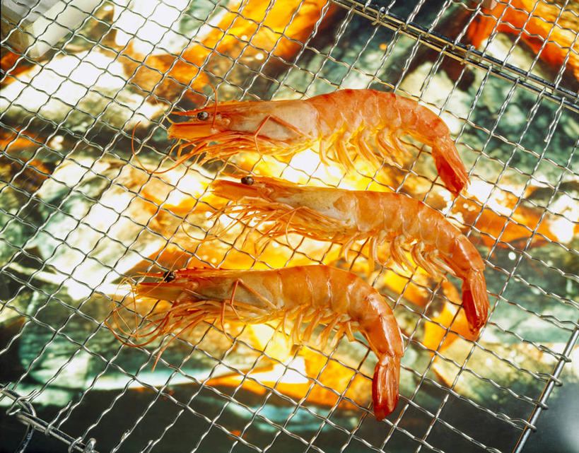 海鲜,无人,横图,俯视,室内,特写,白天,烧烤,阴影,朦胧,模糊,光线,火焰,影子,肉,虾,烤架,烤肉,燃烧,水产,肉类,海洋生物,三个,点燃,铁架,对虾,虾肉,火光,水生动物,海产品,水生物,肉食,海底动物,彩图,高角度拍摄