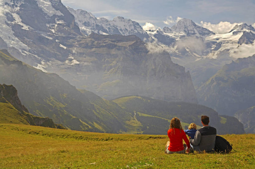无人,横图,全景,室外,草地,山,山脉,雪,瑞士,欧洲,山顶,山谷,绿色,风景,夏天,看,摄影,瑞士国旗,少女峰,彩图