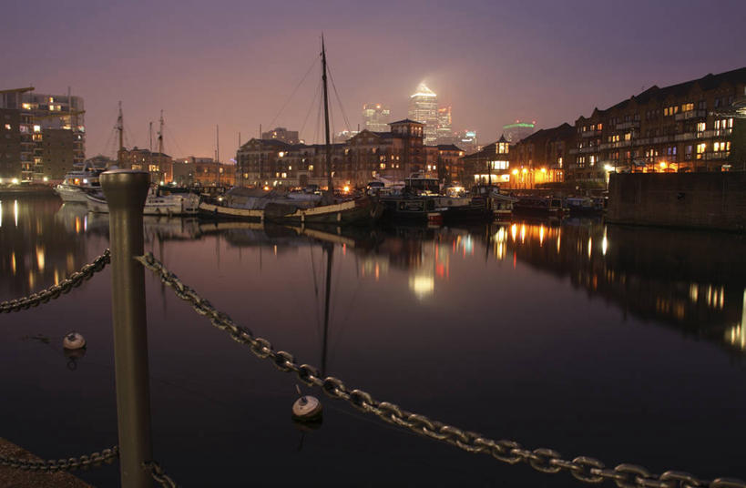 无人,栏杆,横图,室外,水,雾,城市,摩天大楼,船,英国,反射,首都,英格兰,黄昏,摄影,盆地,彩图,海港