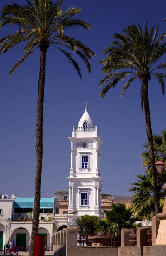 无人,竖图,城市,建筑,棕榈树,非洲,利比亚,塔,首都,钟塔,树,摄影,地中海文化,修复,北非,钟,彩图