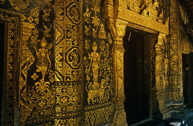 无人,横图,老挝,装饰,黄金,壁画,摄影,宗教,东南亚,佛教,蜡纸,修道院,作画,琅勃拉邦,香通寺,彩图
