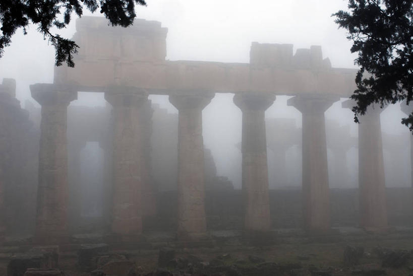 无人,横图,雾,非洲,利比亚,柱子,北,摄影,希腊文化,北非,宙斯,彩图,旅行,联合国教科文组织