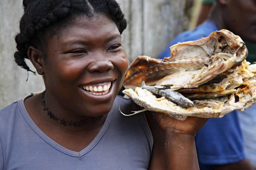 成年人,一个人,微笑,横图,非洲,仅一个女性,岛,鱼干,食品,摄影,肖像,阿非利加洲,圣普,普林西比,女人,海产,彩图