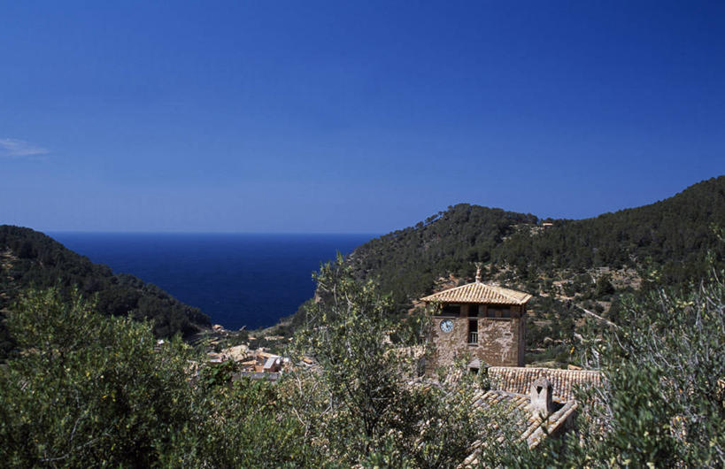 无人,横图,室外,别墅,松树,西班牙,欧洲,地形,悬崖,瓦,钟塔,摄影,地中海,马略卡,海滩,彩图,油橄榄树