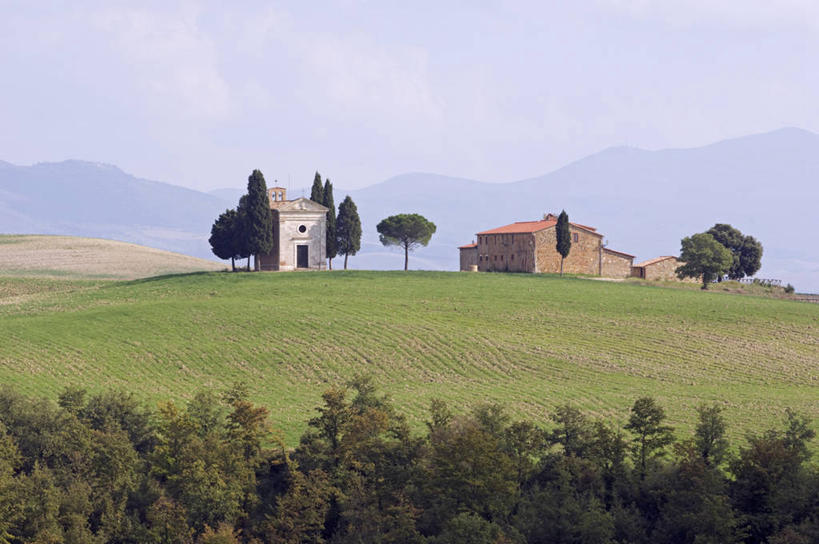 无人,农场,教堂,横图,室外,农业,美景,山,山脉,建筑,意大利,欧洲,房屋,景观,树,自然,景色,摄影,宗教,自然风光,托斯卡纳区,维得斯卡,皮恩札,农舍,彩图