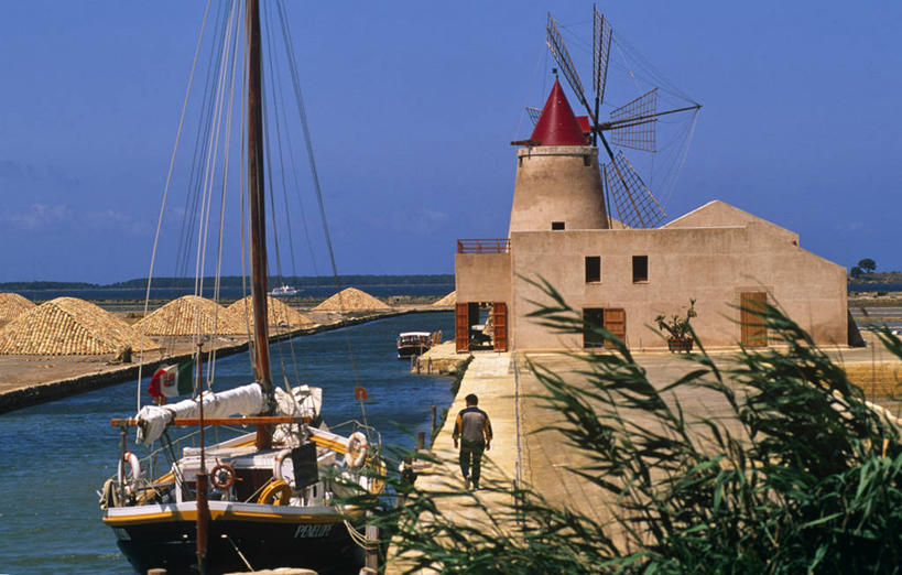 工厂,横图,海洋,水,船,风车,意大利,欧洲,工作,工业,摄影,西西里,地中海文化,磨坊,帆樯,桅竿,彩图,帆柱