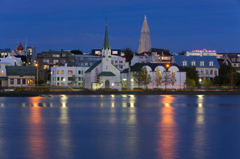 无人,横图,室外,夜晚,城市,欧洲,冰岛,反射,岛,首都,大西洋,摄影,西欧,北欧,雷克雅未克,雷克雅未克大教堂,彩图