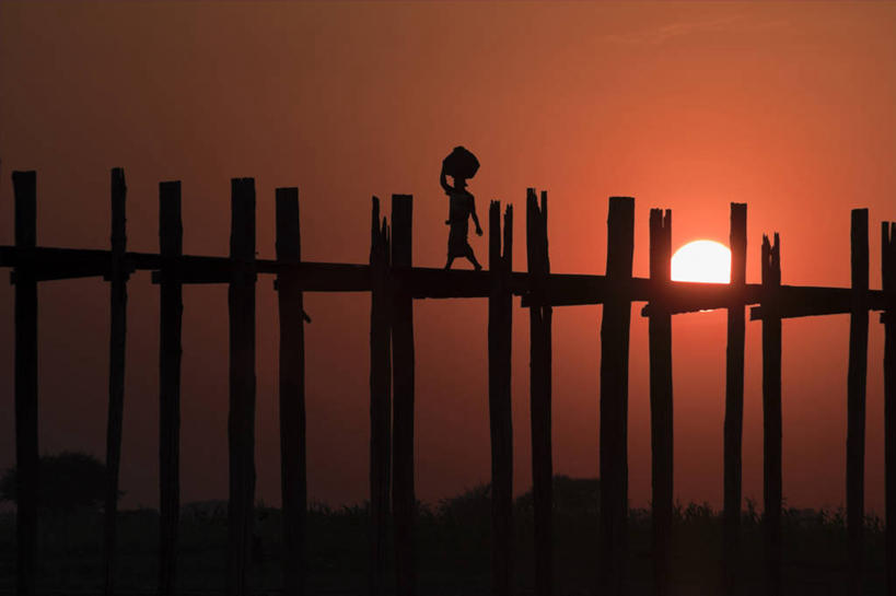 一个人,横图,日落,缅甸,亚洲,摄影,东南亚,剪影,曼德勒,彩图