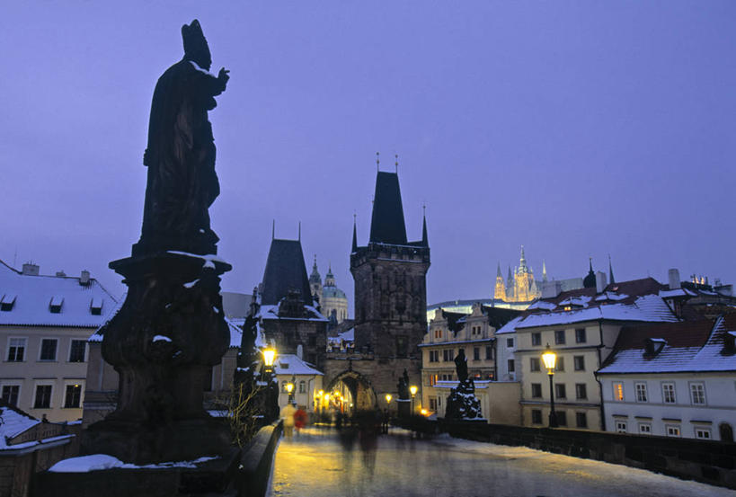 无人,横图,室外,夜晚,雪,城市,冬天,首都,摄影,东欧,捷克共和国,布拉格,查理大桥,彩图