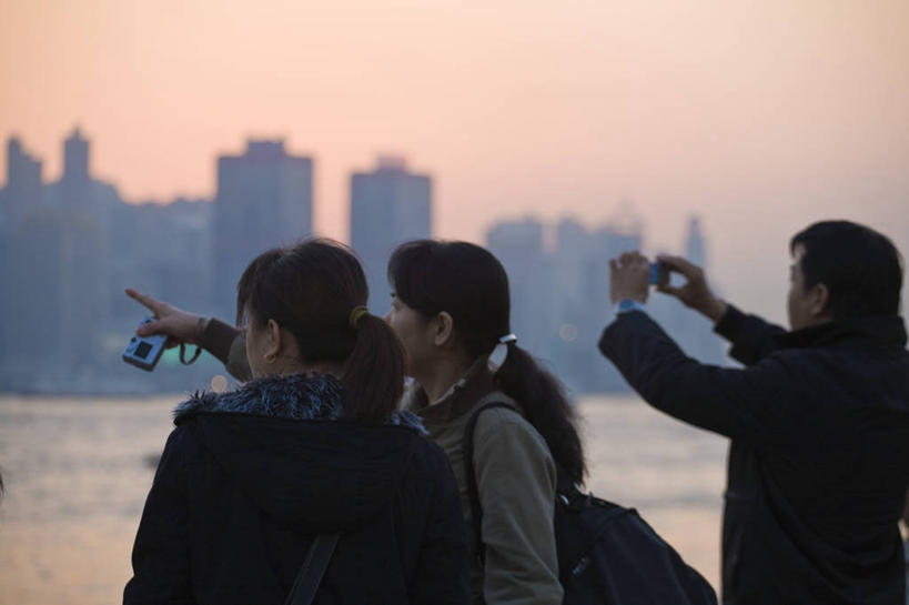 横图,通讯,日落,城市,手机,香港,亚洲,维多利亚港,拍照,摄影,九龙,无线电技术,彩图