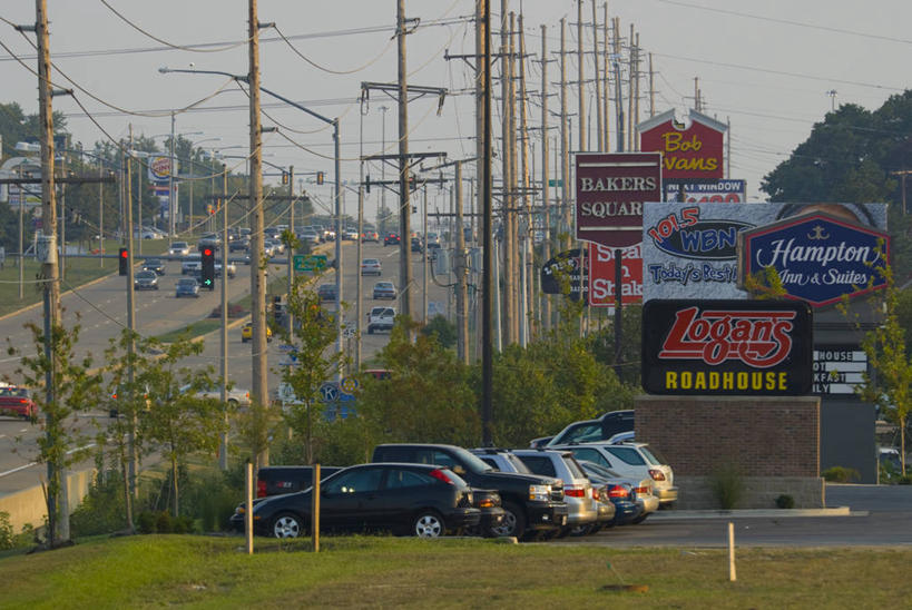 无人,横图,路,美国,交通,布告栏,广告,摄影,北美,伊利诺斯州,66号公路,布卢明顿,美国人,彩图