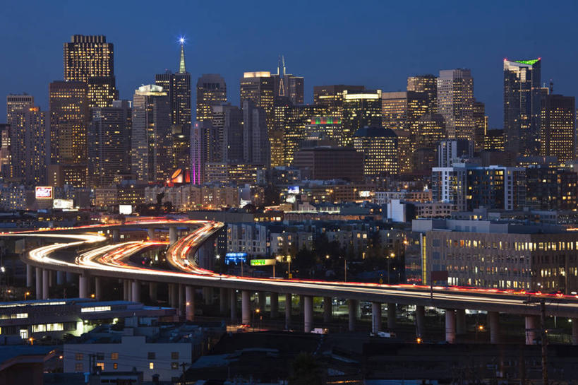 无人,横图,俯视,室外,夜晚,长时间曝光,旅游,天际线,城市,建筑,路,公路,美国,黄昏,摄影,太平洋,北美,加利福尼亚,市区,旧金山,美国人,彩图,高角度拍摄,旅行,北加利福尼亚州