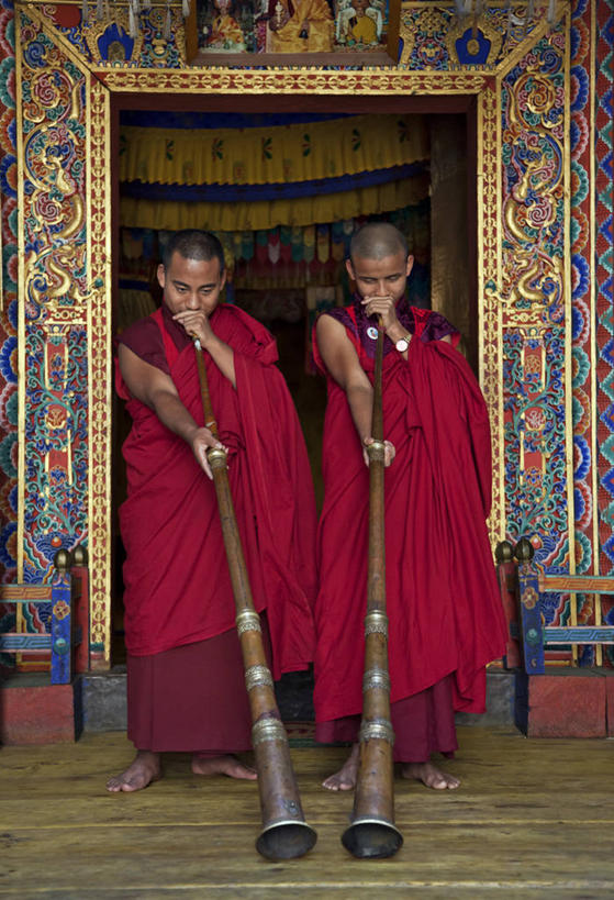 成年人,两个人,寺庙,竖图,室内,白天,不丹,乐器,吹气,摄影,佛教,宗教建筑,要塞,修道院,德克萨斯长角牛,旺杜波德朗,年轻男性,年轻人,僧侣,彩图