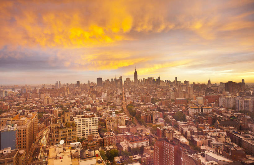 无人,横图,俯视,室外,日落,天际线,建筑,纽约,美国,曼哈顿,黄色,摄影,照亮,北美,北美洲,美洲,帝国大厦,纽约市,纽约州,帝国之州,帝国州,北亚美利加洲,亚美利加洲,彩图,高角度拍摄,美利坚合众国,曼哈顿区,纽约县,曼哈顿岛,色度