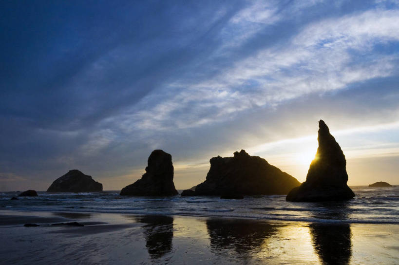 无人,横图,室外,海洋,日落,水,日光,美国,黄昏,摄影,退潮,岩层,剪影,逆光,俄勒冈州,班顿,海滩,岩石,彩图