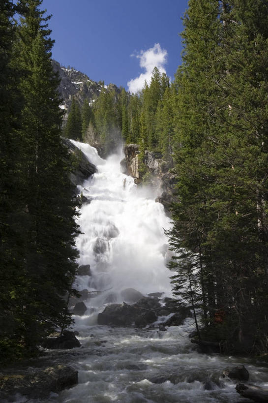 无人,竖图,室外,白天,美景,瀑布,森林,山,美国,景观,树,风景,自然,陡峭,景色,摄影,清新,自然风光,纯净,怀俄明,万里无云,大提顿国家公园,岩石,彩图