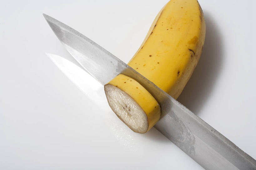 无人,横图,特写,白色背景,香蕉,水果,纽约,美国,准备,反射,饮食,摄影,清新,餐刀,健康食物,彩图,影棚拍摄