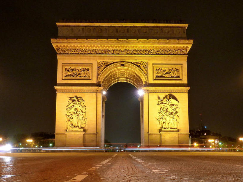 无人,横图,室外,夜晚,长时间曝光,城市,道路,建筑,街道,路,公路,法国,凯旋门,巴黎,拱门,交通,首都,历史,摄影,纪念,留念,照亮,怀念,法国文化,爱国主义,马路,彩图