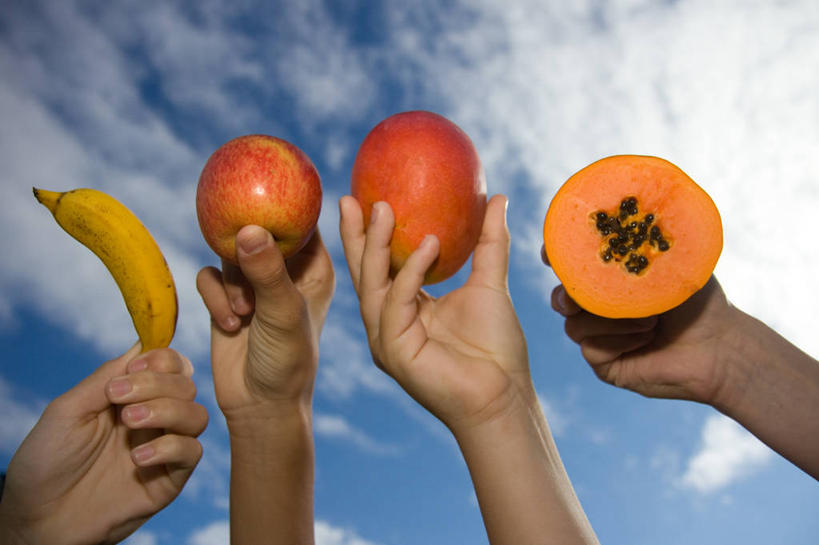 手,四个人,横图,室外,白天,苹果,芒果,木瓜,香蕉,水果,巴西,云,拿着,饮食,自然,摄影,多样,部分,清新,选择,横截面,健康食物,彩图