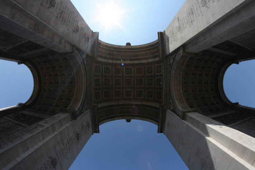 无人,横图,室外,白天,仰视,太阳,建筑,法国,凯旋门,巴黎,柱子,拱门,首都,历史,摄影,法国文化,法兰西岛大区,彩图,低角度拍摄