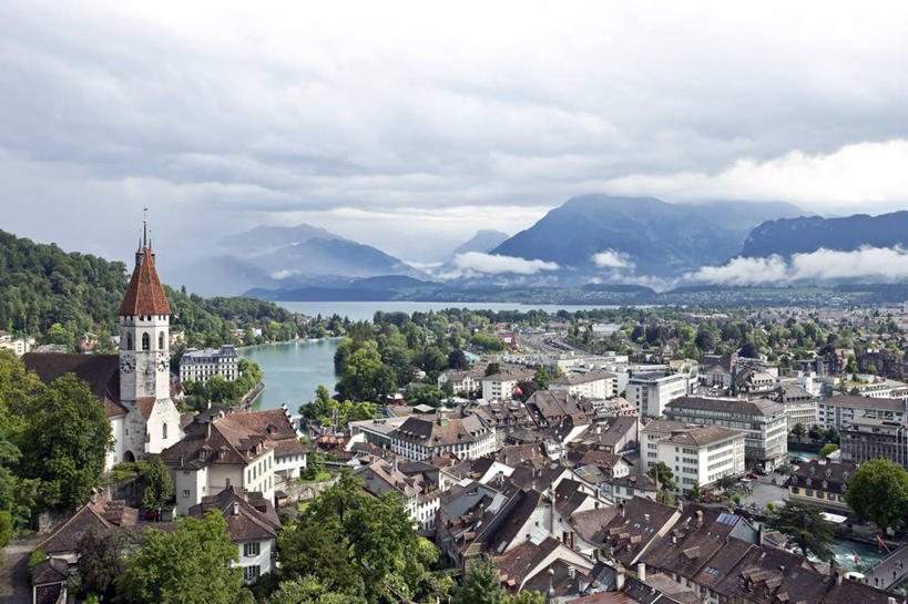 无人,横图,俯视,室外,白天,山,山脉,建筑,瑞士,云,城镇,图恩湖,树,摄影,图恩,彩图,高角度拍摄