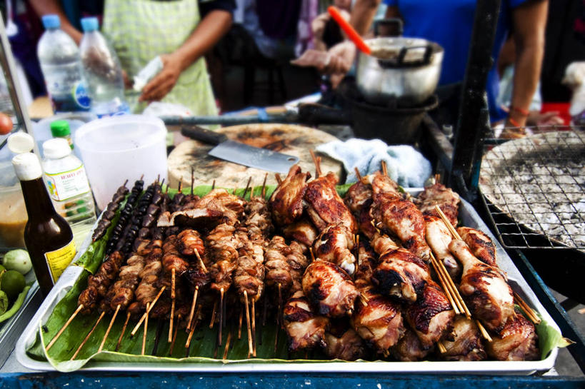 横图,俯视,室外,白天,烧烤,曼谷,泰国,首都,餐盘,饮食,零售,摄影,清新,健康食物,烤肉架,彩图,高角度拍摄,考山路,成分