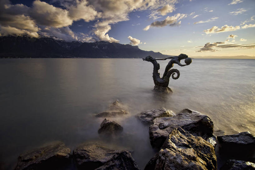 无人,横图,室外,长时间曝光,河流,水,雕塑,瑞士,云,天空,自然,黄昏,摄影,宁静,岩石,彩图