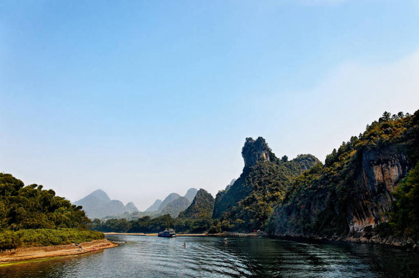 无人,横图,室外,白天,河流,山,山脉,船,桂林,树,自然,运输,摄影,广西,宁静,漓江,阳朔,万里无云,彩图
