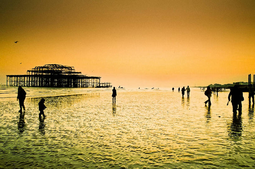 横图,室外,日落,英国,反射,鸟类,飞,自然,摄影,观看,宁静,剪影,万里无云,海滩,彩图