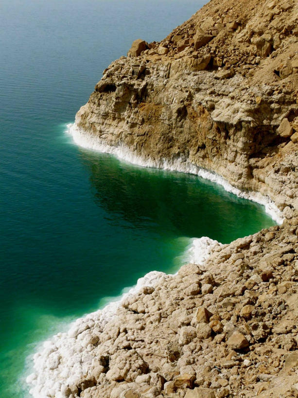 无人,竖图,俯视,室外,白天,海洋,约旦,海岸线,悬崖,绿色,自然,摄影,宁静,沙砾,反差,盐湖,死海,地质学,岩石,彩图,高角度拍摄