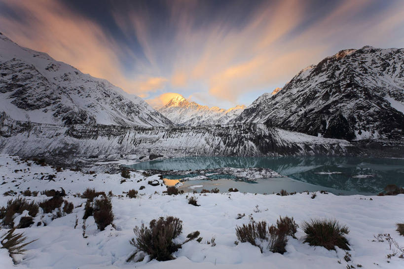 无人,横图,室外,湖,美景,山,山脉,雪,新西兰,反射,景观,云,黎明,草,风景,天空,自然,景色,寒冷,摄影,宁静,自然风光,库克山,彩图