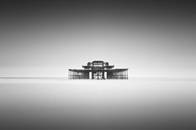 无人,码头,横图,黑白,室外,白天,长时间曝光,海洋,英国,天空,自然,摄影,宁静,苏塞克斯,晕影