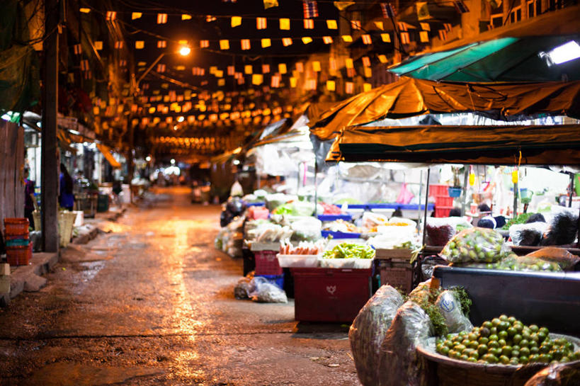 无人,横图,室外,夜晚,路,曼谷,泰国,市场,首都,货摊,花市,零售,摄影,宁静,照亮,彩图
