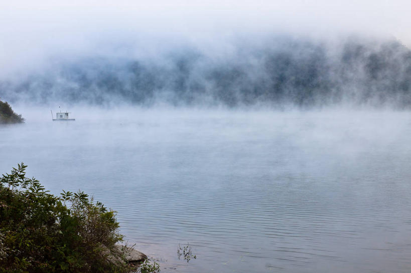 无人,横图,室外,河流,山,雾,船,韩国,黎明,天气,自然,运输,摄影,宁静,江原道,彩图