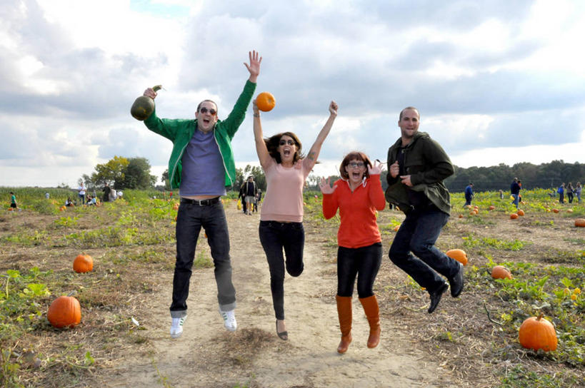 西方人,成年人,四个人,跳,举,微笑,横图,室外,白天,幸福,南瓜,欧洲,美国,欧洲人,连接,雨鞋,云,半空,拿着,休闲装,草,天空,太阳镜,托,张嘴,乐趣,摄影,享乐,张大嘴巴,南瓜地,新泽西,年轻男性,年轻女性,白种人,年轻人,张开嘴,举起,举手,举着,向上举,向上伸,向上托,彩图