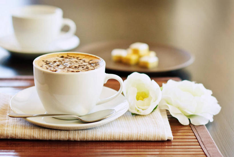 无人,横图,室内,植物,桌子,澳大利亚,木制,毛茛,草药,药草,咖啡杯,饮食,中药,饮料,白色,餐巾,茶碟,汤匙,摄影,药材,中草药,中药材,本草,老虎脚爪草,鱼疔草,西澳大利亚,卡布奇诺咖啡,彩图