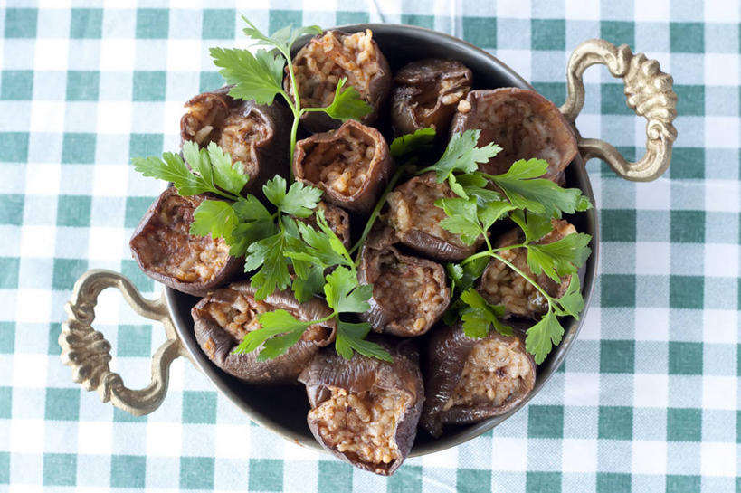 无人,横图,俯视,室内,特写,茄子,包装,米,饮食,桌布,碗,芫荽叶,摄影,清新,干的,土耳其文化,彩图,高角度拍摄