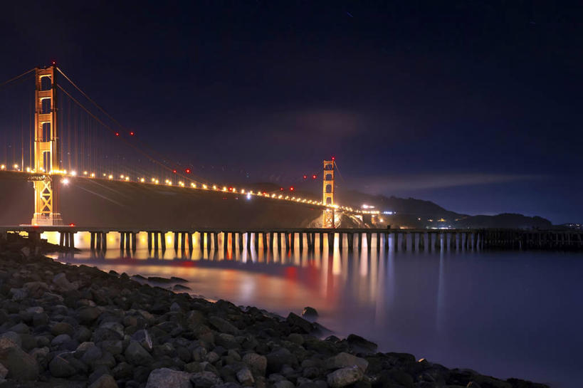 无人,横图,室外,海洋,美国,反射,联系,天空,摄影,吊桥,宁静,照亮,午夜,加利福尼亚,金门大桥,旧金山,彩图