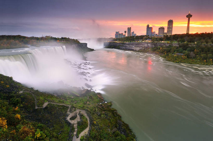 无人,横图,室外,长时间曝光,美景,瀑布,日落,城市,美国,飞溅,溅,景观,云,风景,天空,自然,地标建筑,景色,摄影,自然风光,纽约州,尼亚加拉瀑布,岩石,秋天,彩图