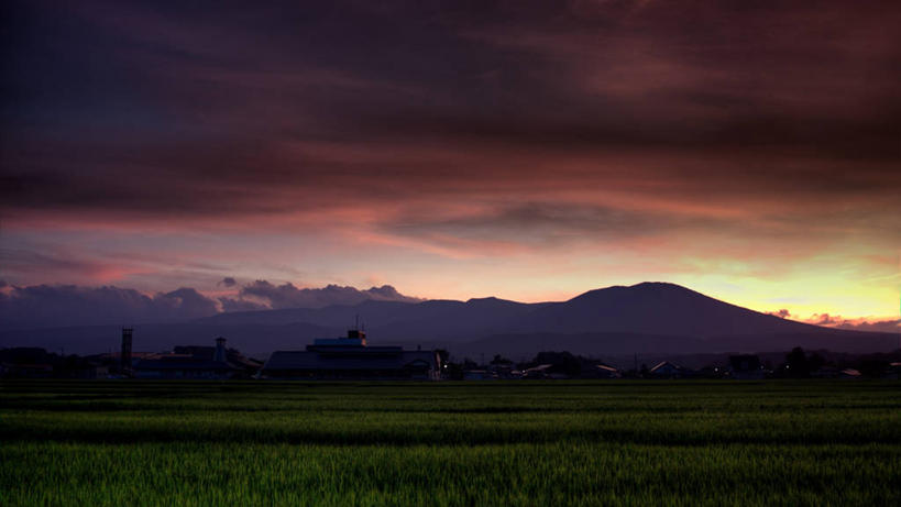 无人,横图,室外,日落,山,日光,日本,稻田,地形,田地,云,风景,自然,摄影,生长,宁静,岩手县,八幡平市,彩图,广角