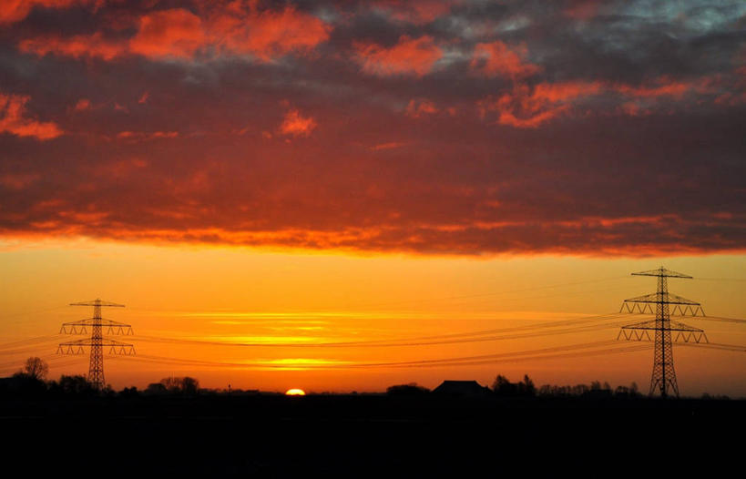 无人,横图,室外,日出,太阳,荷兰,云,联系,树,自然,摄影,能源,电,宁静,剪影,格罗宁根,彩图,输电塔
