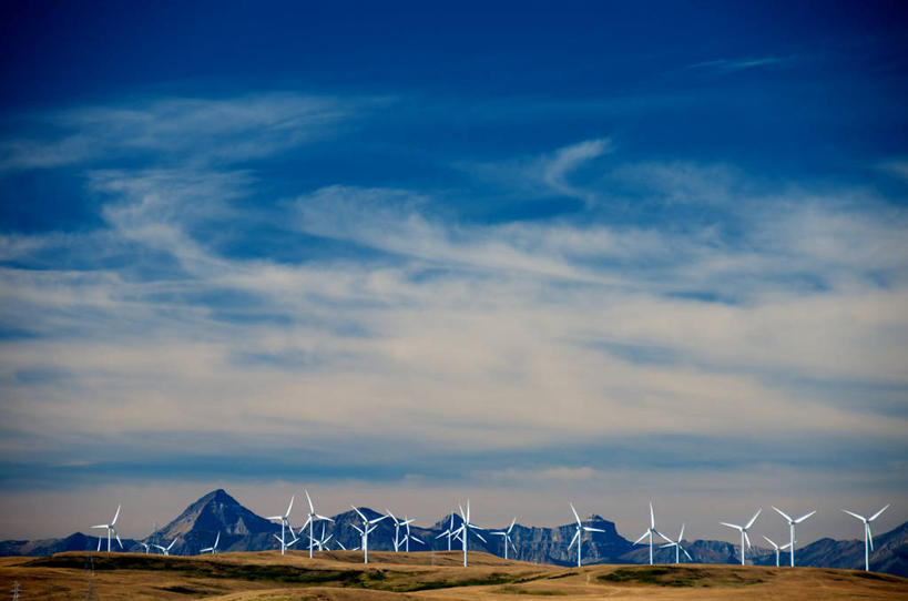 无人,横图,室外,白天,山脉,加拿大,风力,地形,云,天空,自然,摄影,能源,环境保护,亚伯达,风轮机,彩图