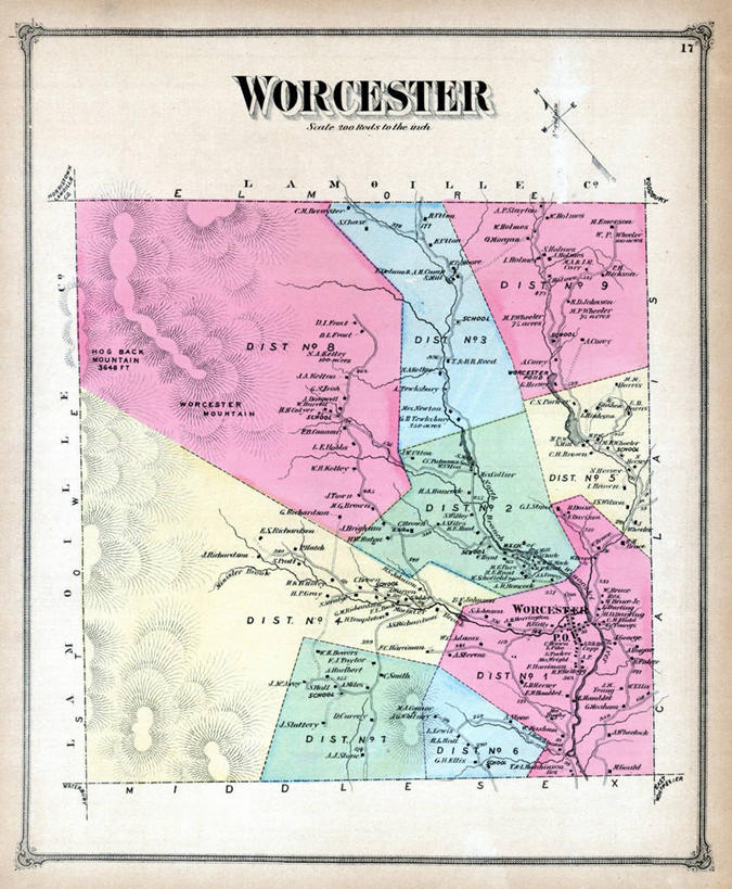 无人,竖图,地图,美国,历史,古董,北美,北美洲,美洲,佛蒙特州,佛蒙特,绿岭之州,北亚美利加洲,亚美利加洲,伍斯特,彩图,美利坚合众国