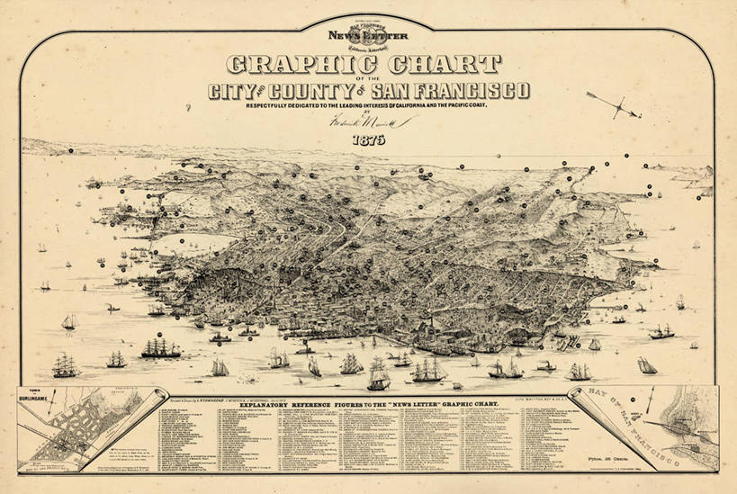 无人,横图,俯视,地图,历史,古董,加利福尼亚,旧金山,彩图,高角度拍摄