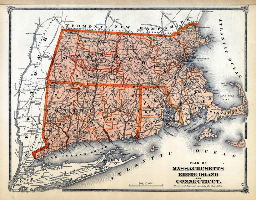 无人,横图,地图,历史,古董,罗得岛,马萨诸塞,康涅狄格州,彩图
