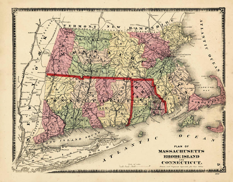 无人,横图,地图,历史,古董,罗得岛,马萨诸塞,康涅狄格州,彩图