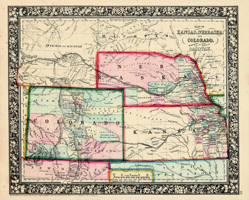 无人,横图,地图,历史,古董,科罗拉多州,堪萨斯,内布拉斯加,彩图