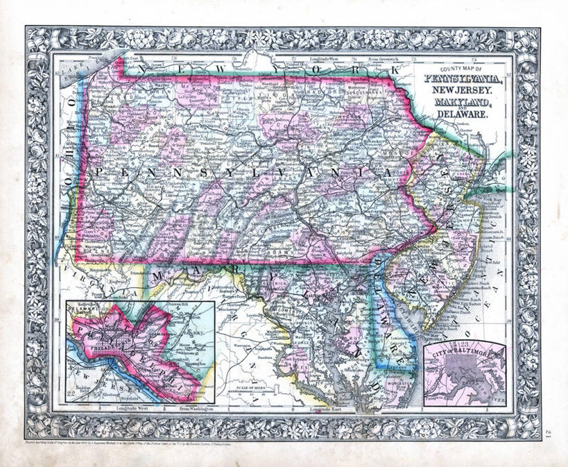 无人,横图,地图,历史,古董,宾夕法尼亚,马里兰,特拉华,新泽西,彩图